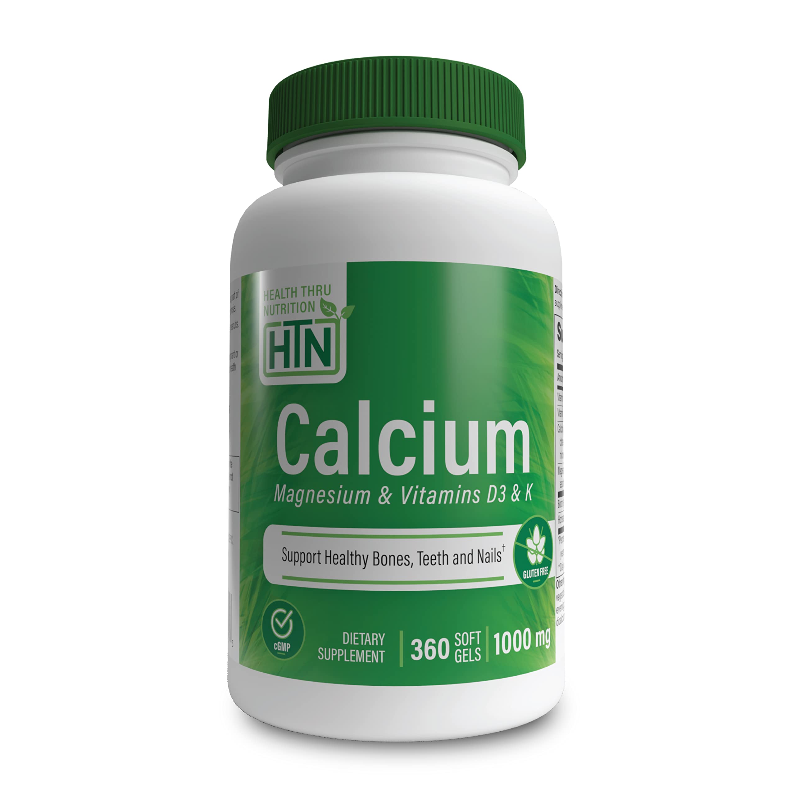Health Thru Nutrition Calcium Magnesium Softgels bottle showing the blend for everyday wellness.