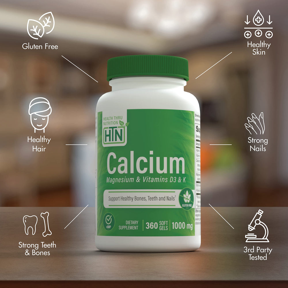 Health Thru Nutrition Calcium Magnesium Softgels label with clear ingredients list.