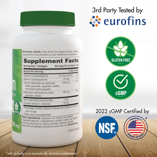 Health Thru Nutrition Calcium Magnesium Softgels pour, convenient daily dose.