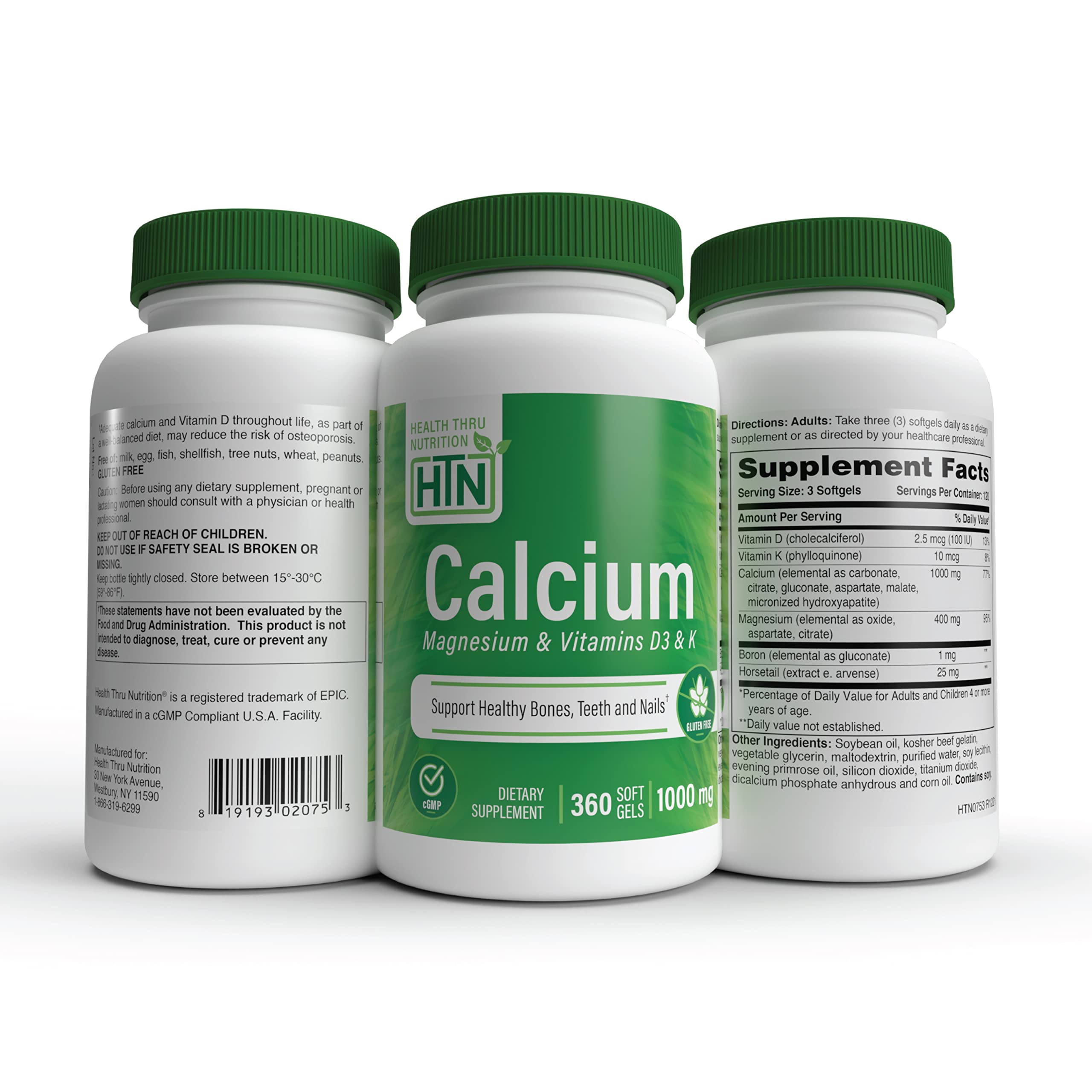 Health Thru Nutrition Calcium Magnesium Softgels with vitamin D3 and K included for a complete formula.