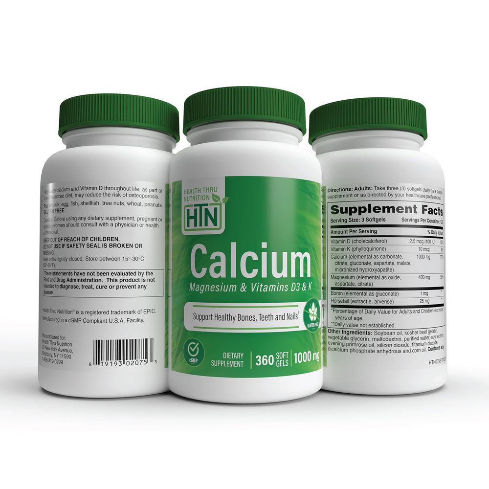 Health Thru Nutrition Calcium Magnesium Softgels with vitamin D3 and K included for a complete formula.