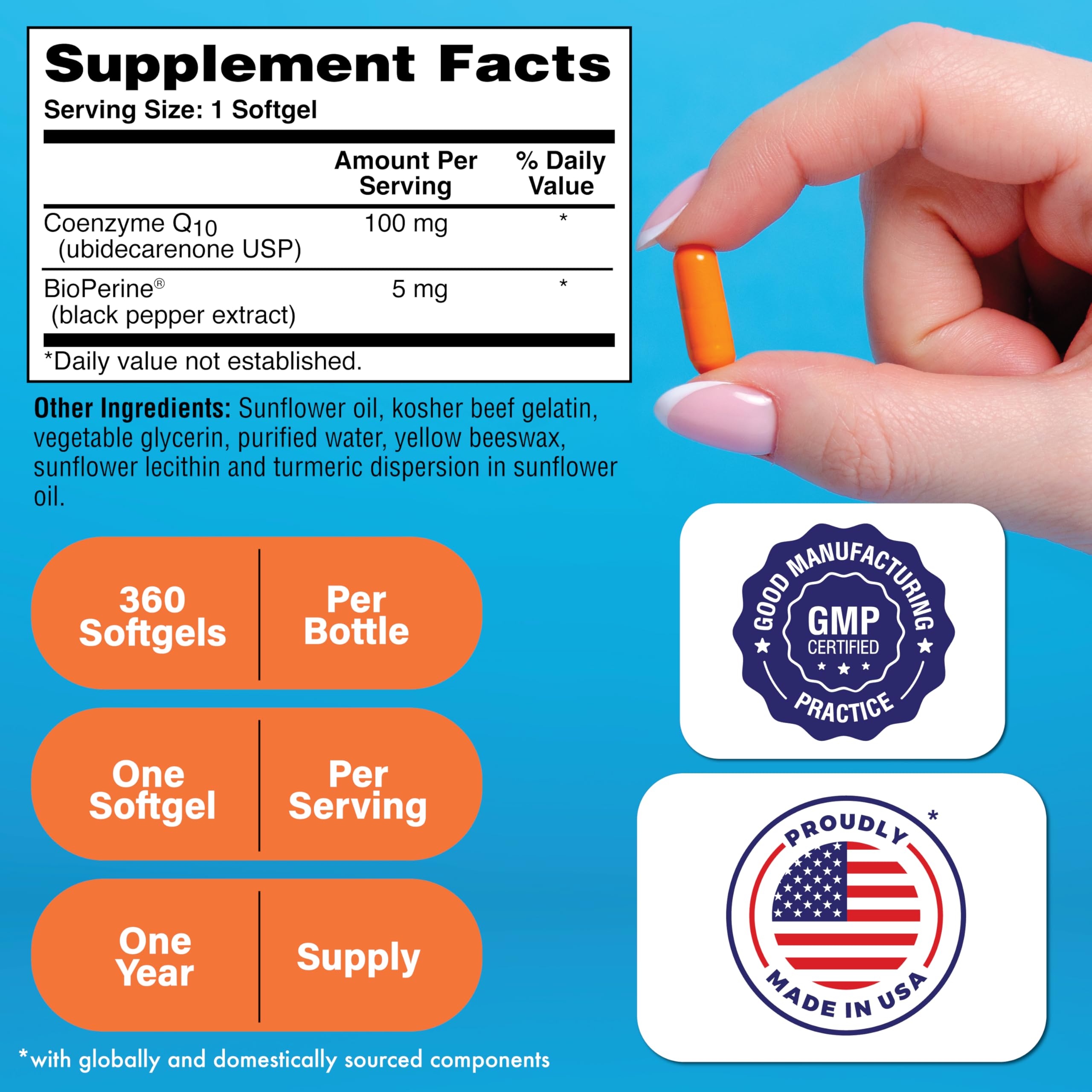 Health Thru Nutrition CoQ-10 softgels back label detailing ingredients for quality