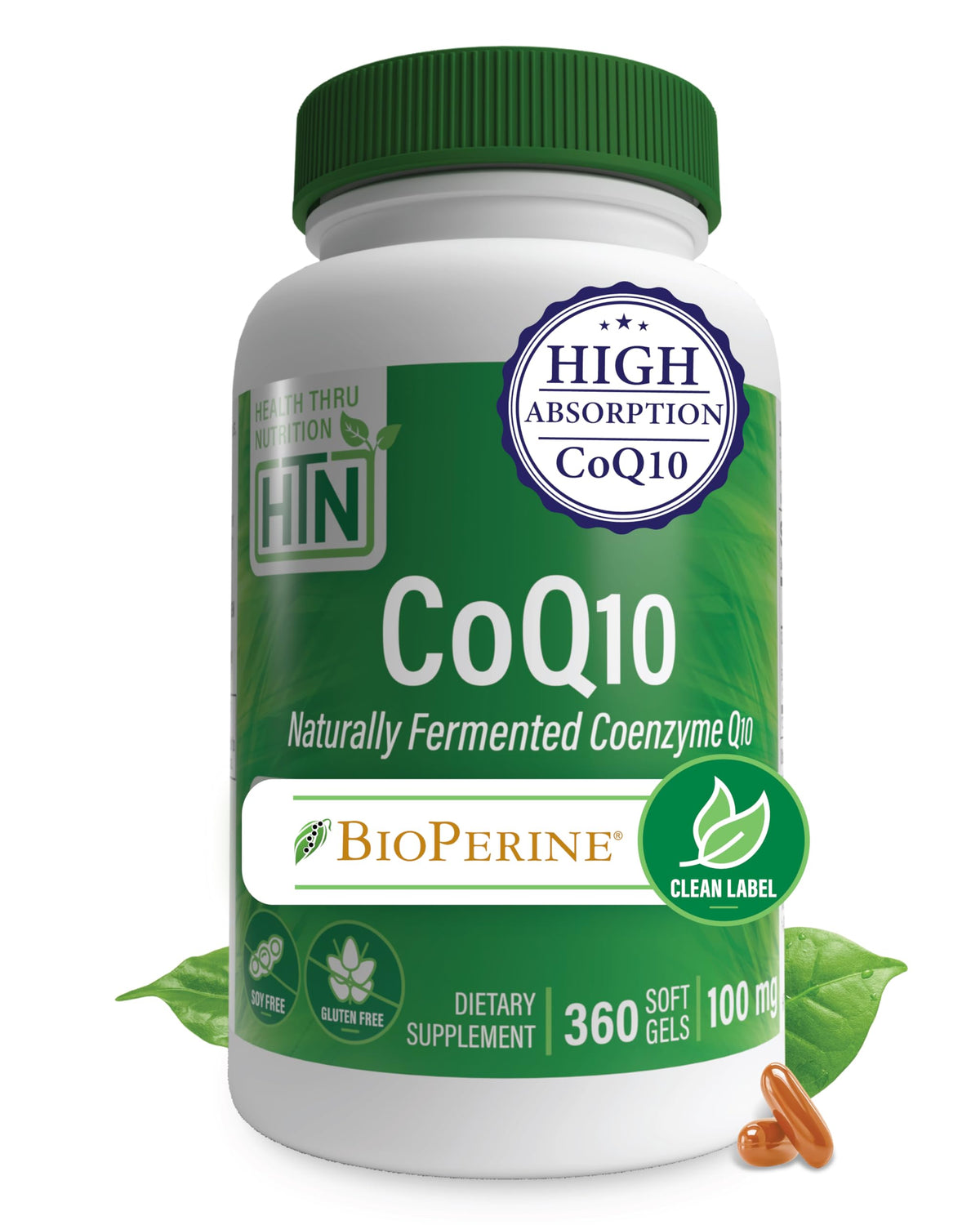 Health Thru Nutrition CoQ-10 100mg bottle front view showcasing easy-to-swallow softgels