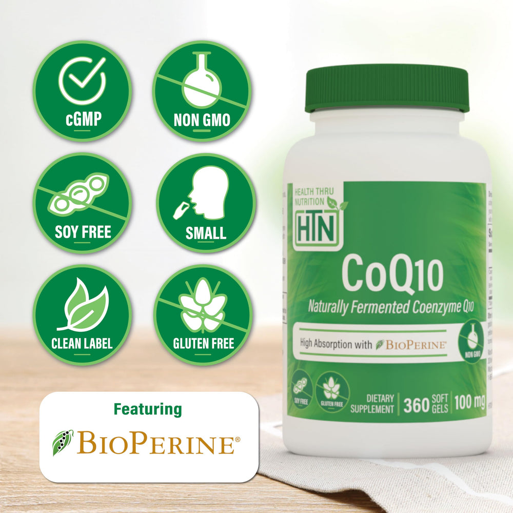CoQ-10 softgels with BioPerine blend highlighting enhanced absorption