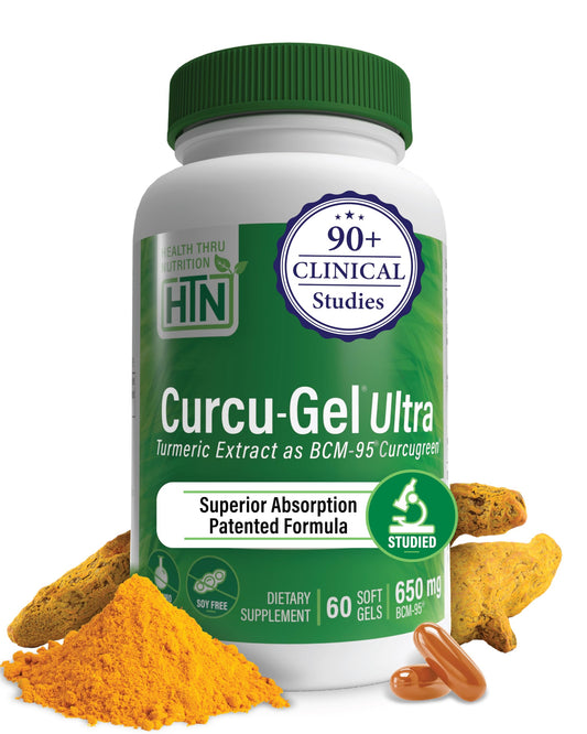Health Thru Nutrition Curcu-Gel 650mg bottle front view highlighting high-absorption turmeric curcumin.
