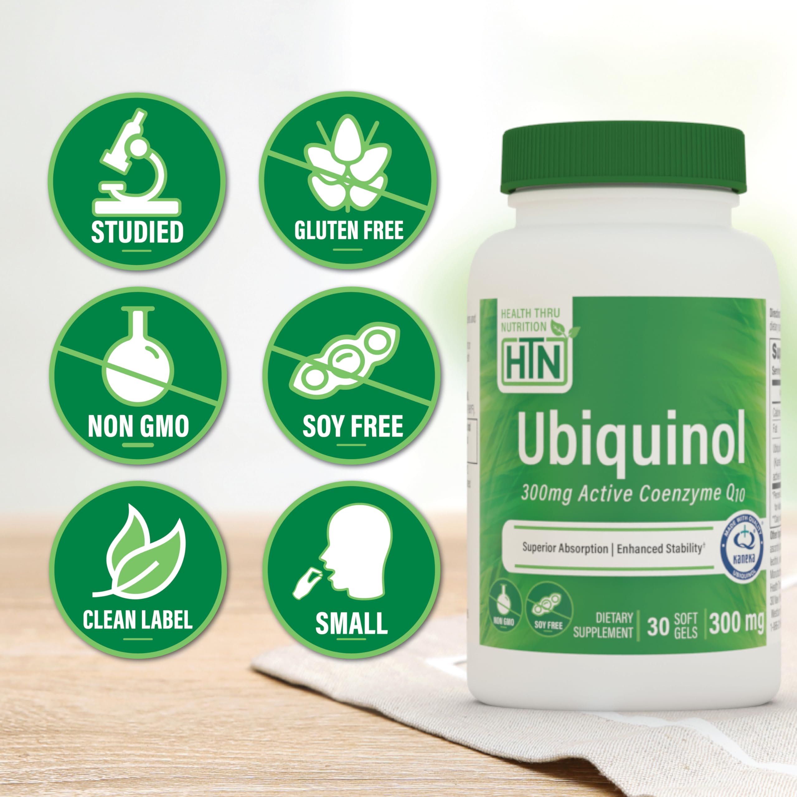 Kaneka QH label on Health Thru Nutrition ubiquinol bottle.