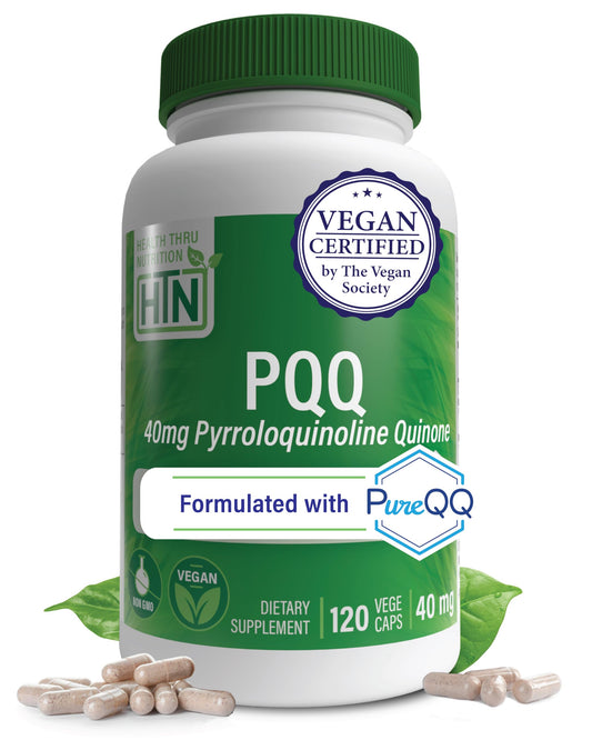 Health Thru Nutrition PQQ 40mg bottle close-up highlighting vegan, non-GMO formulation for cellular energy