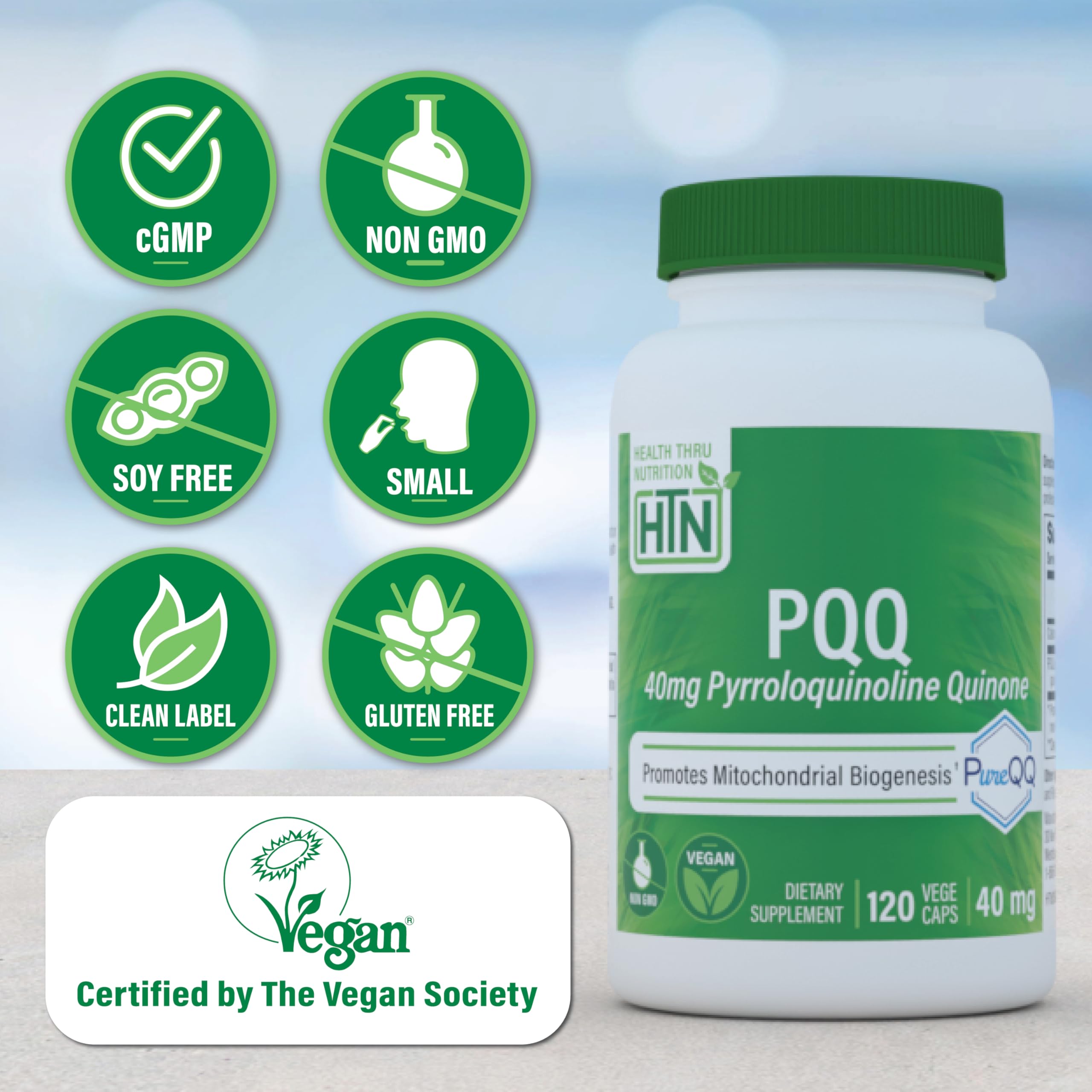 PQQ bottle label showing certifications and potency credentials from Health Thru Nutrition