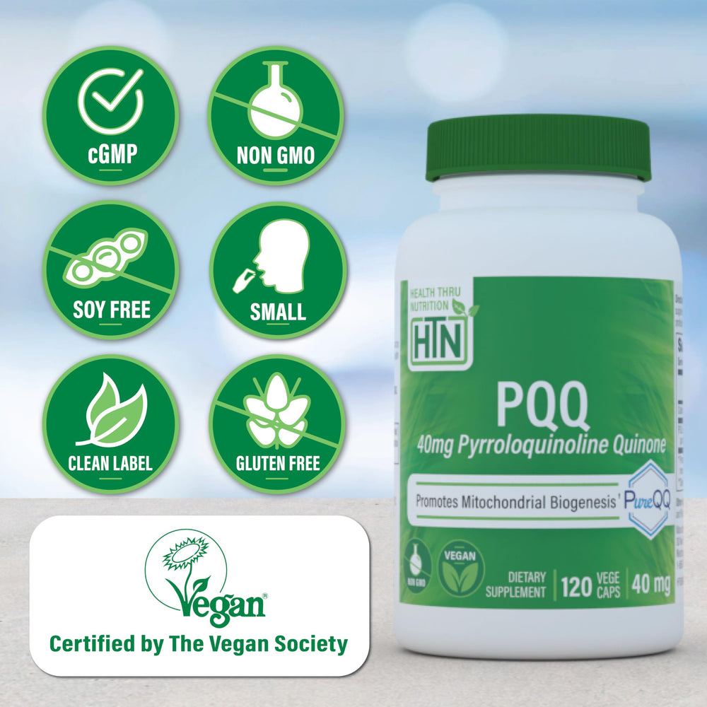 PQQ bottle label showing certifications and potency credentials from Health Thru Nutrition