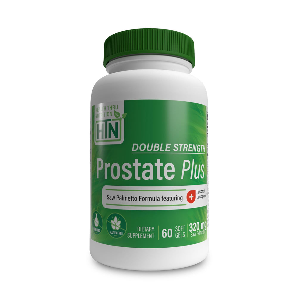 Health Thru Nutrition Prostate Plus softgel bottle highlighting saw palmetto and lycopene for daily support