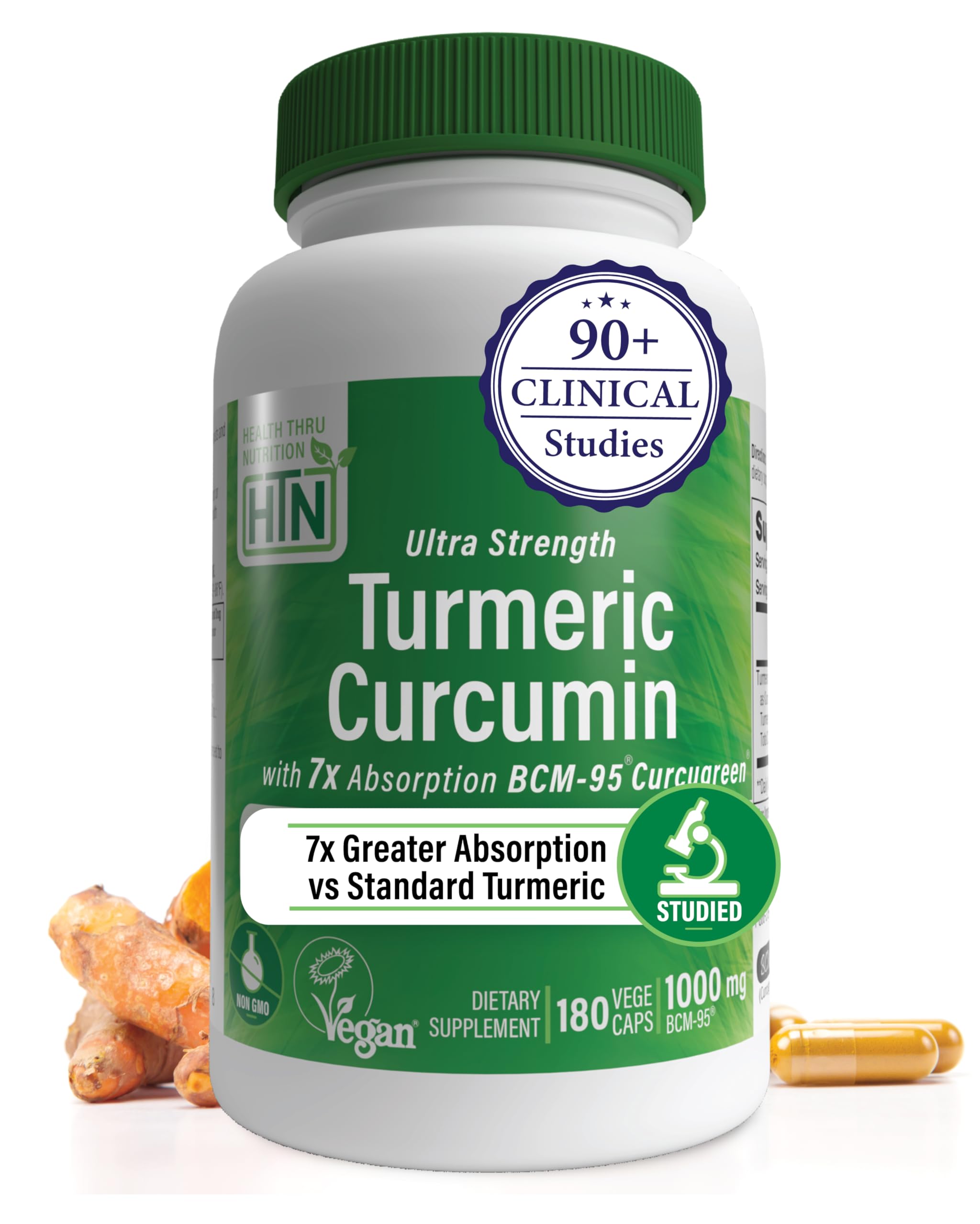 Health Thru Nutrition Turmeric Curcumin Complex bottle front highlights BCM-95 Curcugreen for absorption