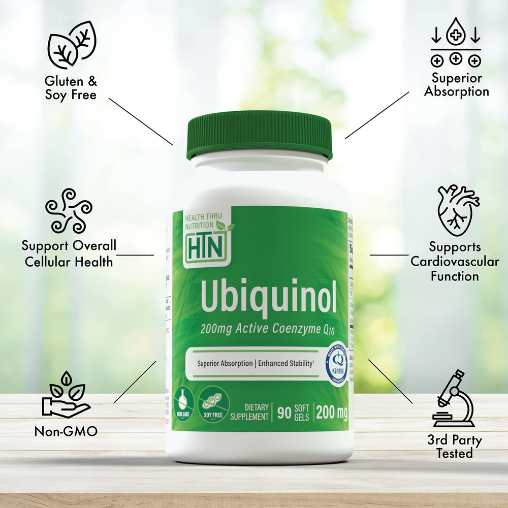 Health Thru Nutrition Ubiquinol 200mg softgels bottle dispensing scene for routine use