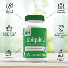 Health Thru Nutrition Ubiquinol 200mg softgels bottle dispensing scene for routine use