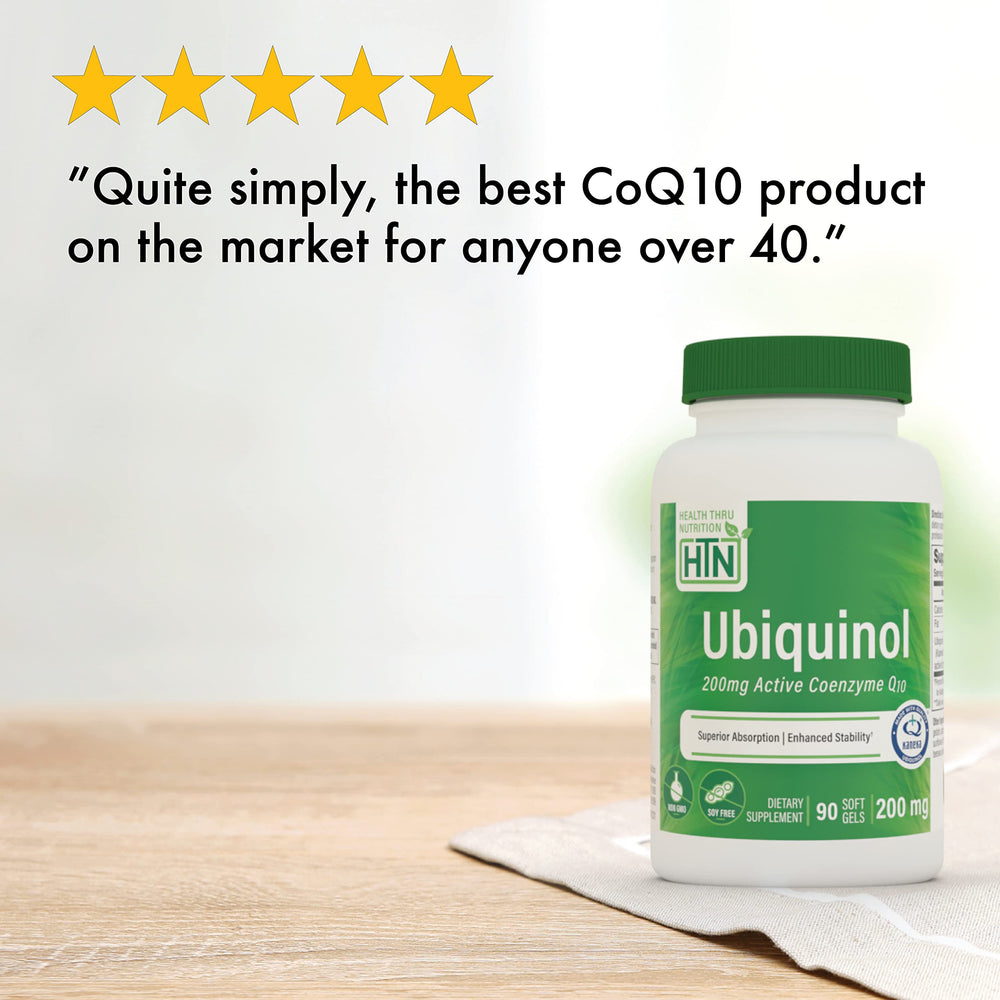 Health Thru Nutrition Ubiquinol 200mg softgels daily dosing on a counter, simple routine