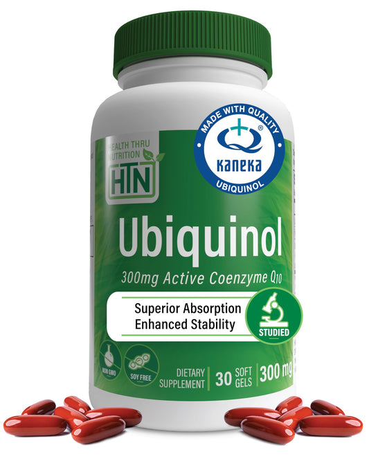 Health Thru Nutrition ubiquinol 300mg bottle showing stabilized CoQ-10 for energy support.