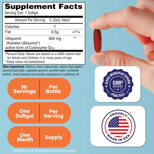 Close view of ubiquinol 300mg softgels and product label.