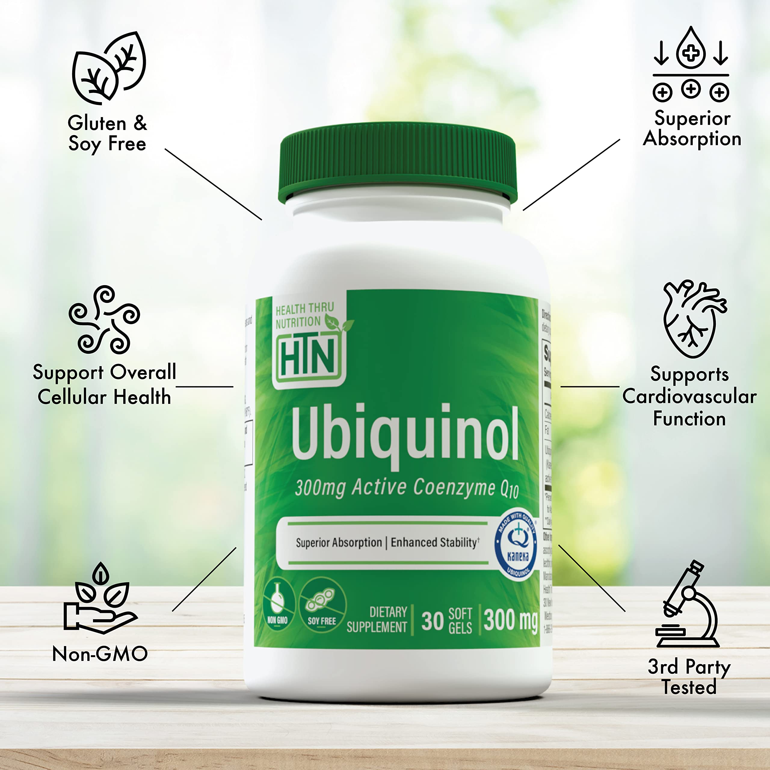 Softgels closeup highlighting smooth, stabilized ubiquinol texture.