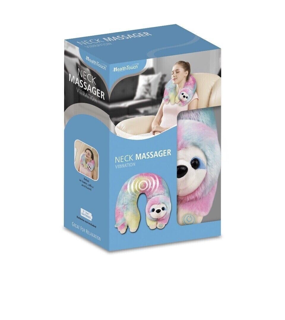 Health Touch Rainbow Sloth vibrating neck massager front view for neck relief on demand.