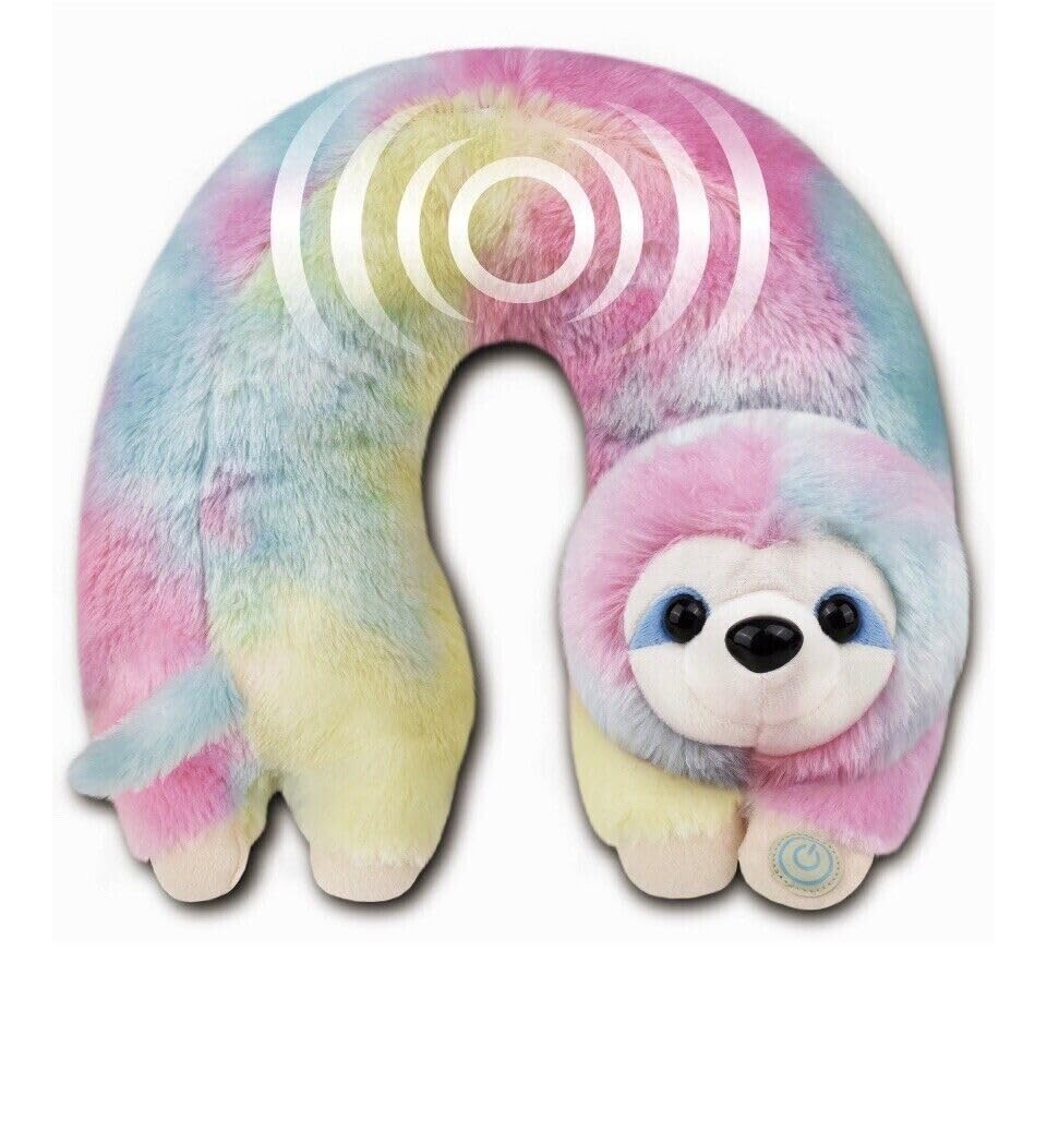 Health Touch vibrating neck massager Rainbow Sloth in use for quick relaxation.