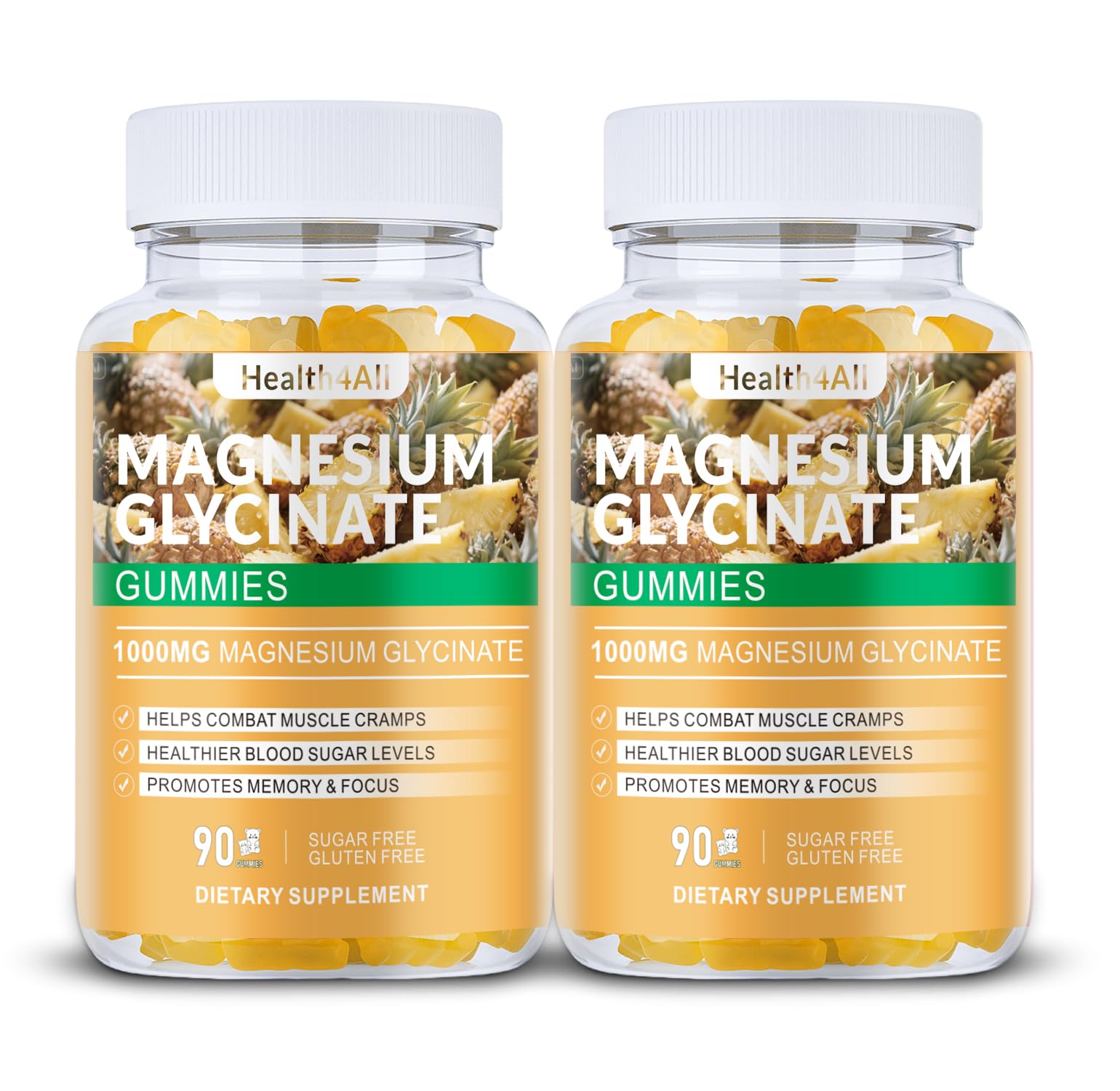Health4All Magnesium Glycinate Gummies bottle front, 180 count, easy nightly support.