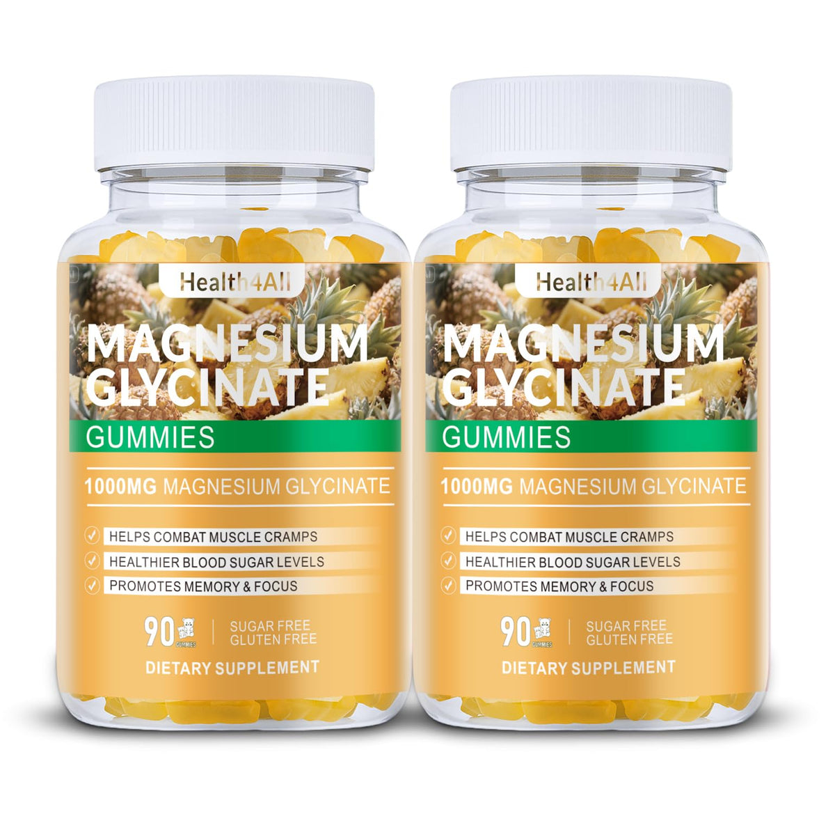 Health4All Magnesium Glycinate Gummies bottle front, 180 count, easy nightly support.