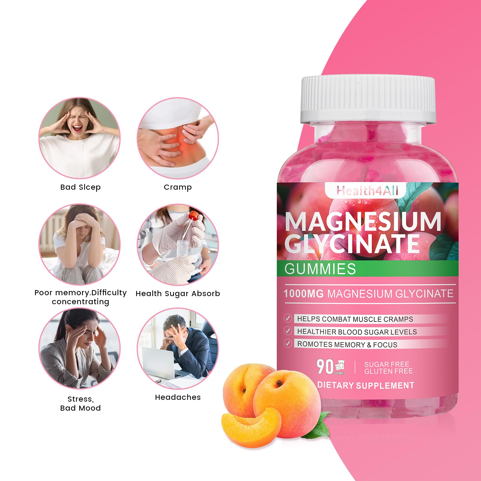 Health4All Magnesium Glycinate Gummies ingredients list shows Vitamin D, B6, and minerals