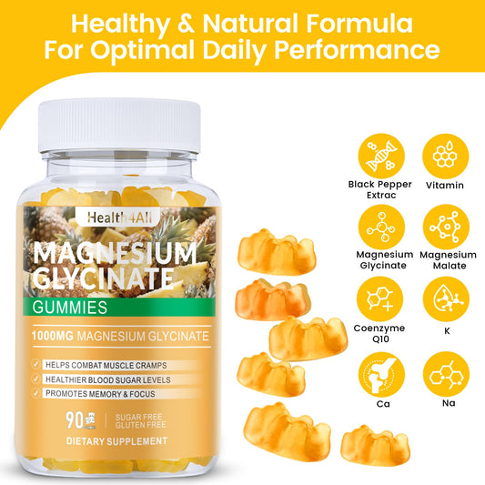Health4All Raspberry flavor gummies close-up, sugar-free magnesium for gentle relaxation.