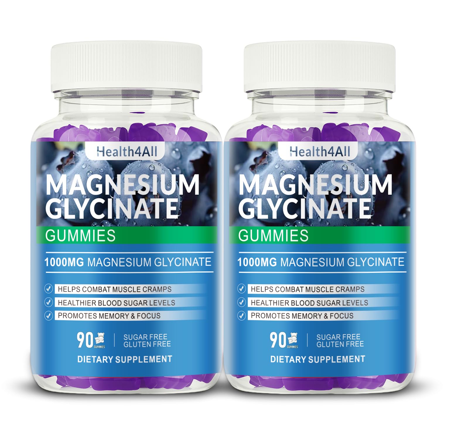 Health4All Magnesium Glycinate Gummies bottle with blueberry flavor for daily relaxation.