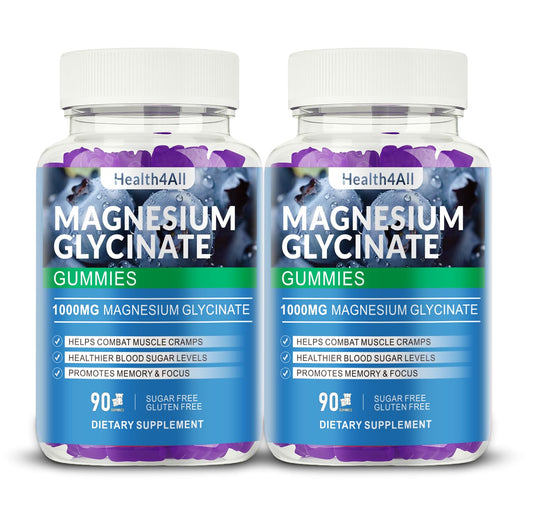 Health4All Magnesium Glycinate Gummies bottle with blueberry flavor for daily relaxation.