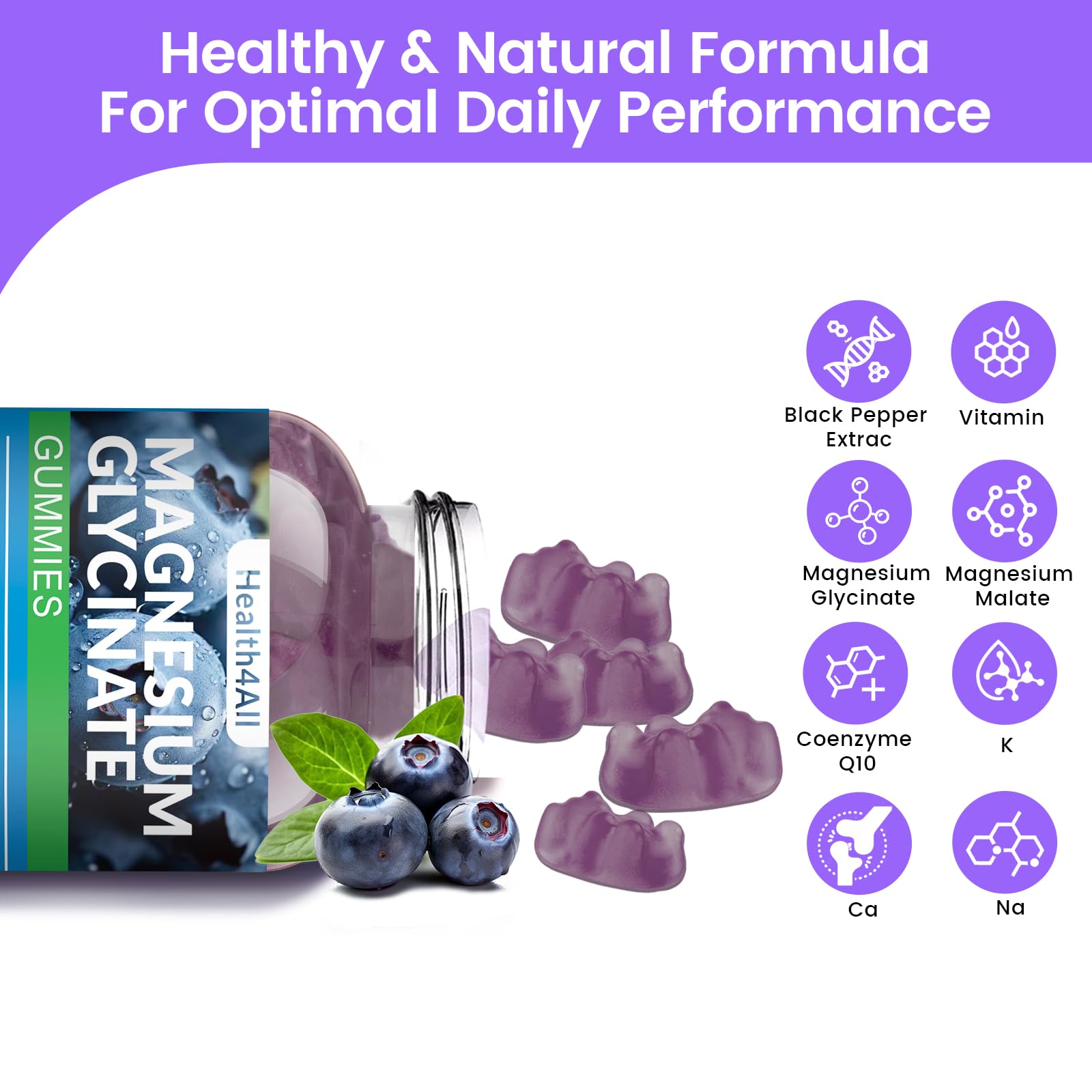 Health4All Magnesium Glycinate Gummies closeup shows soft texture and fruity flavor.