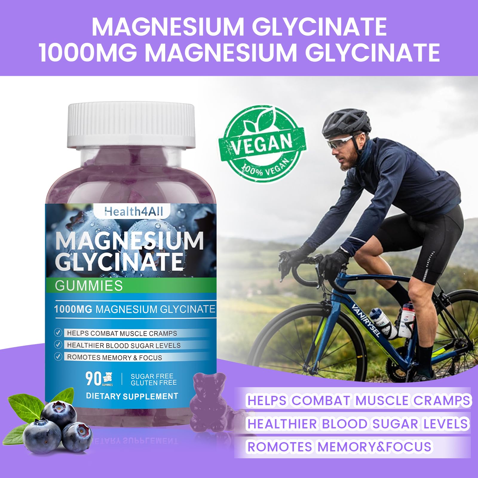 Health4All Magnesium Glycinate Gummies package-back shows sugar-free, vegan ingredients.
