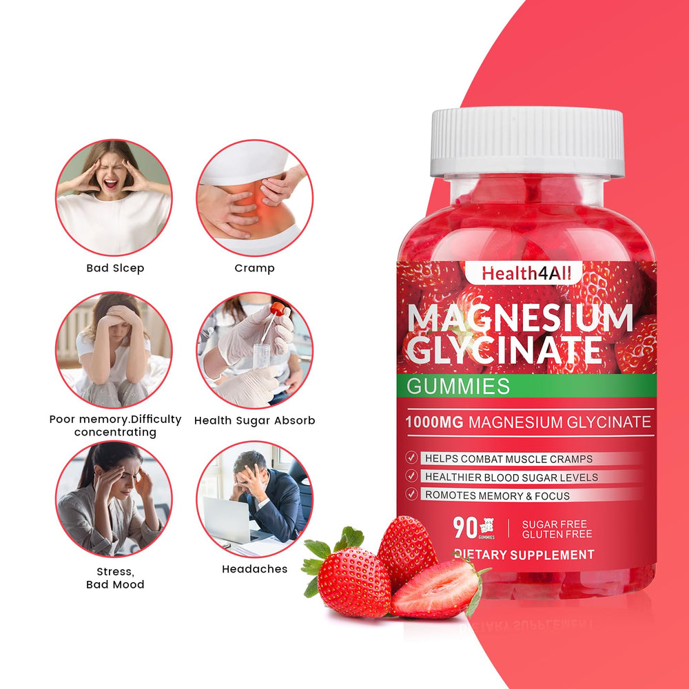Health4All magnesium gummies soft chews close-up highlighting chewy texture and strawberry taste.