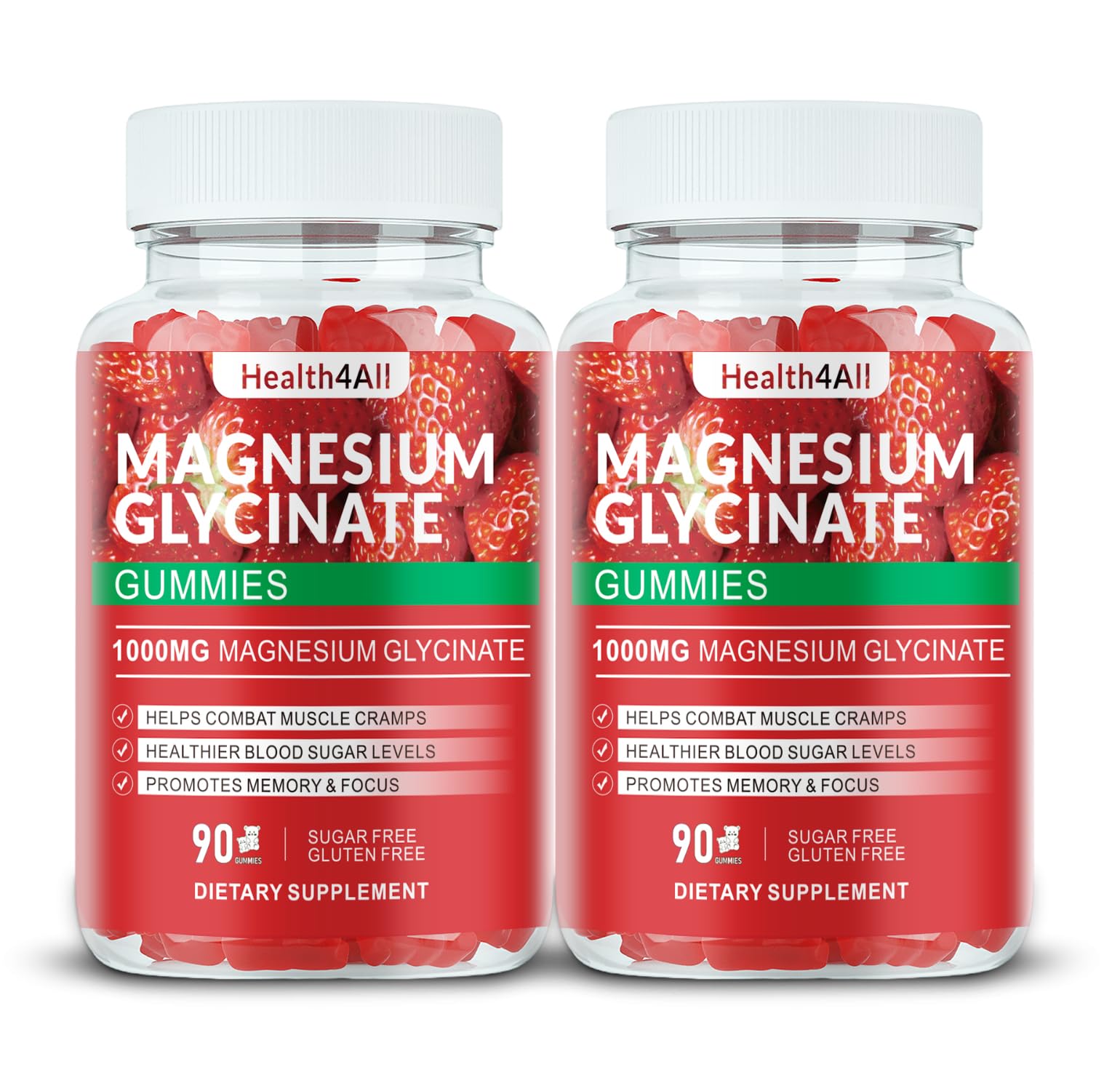 Health4All Magnesium Glycinate Gummies bottle with strawberry flavor for easy daily use.
