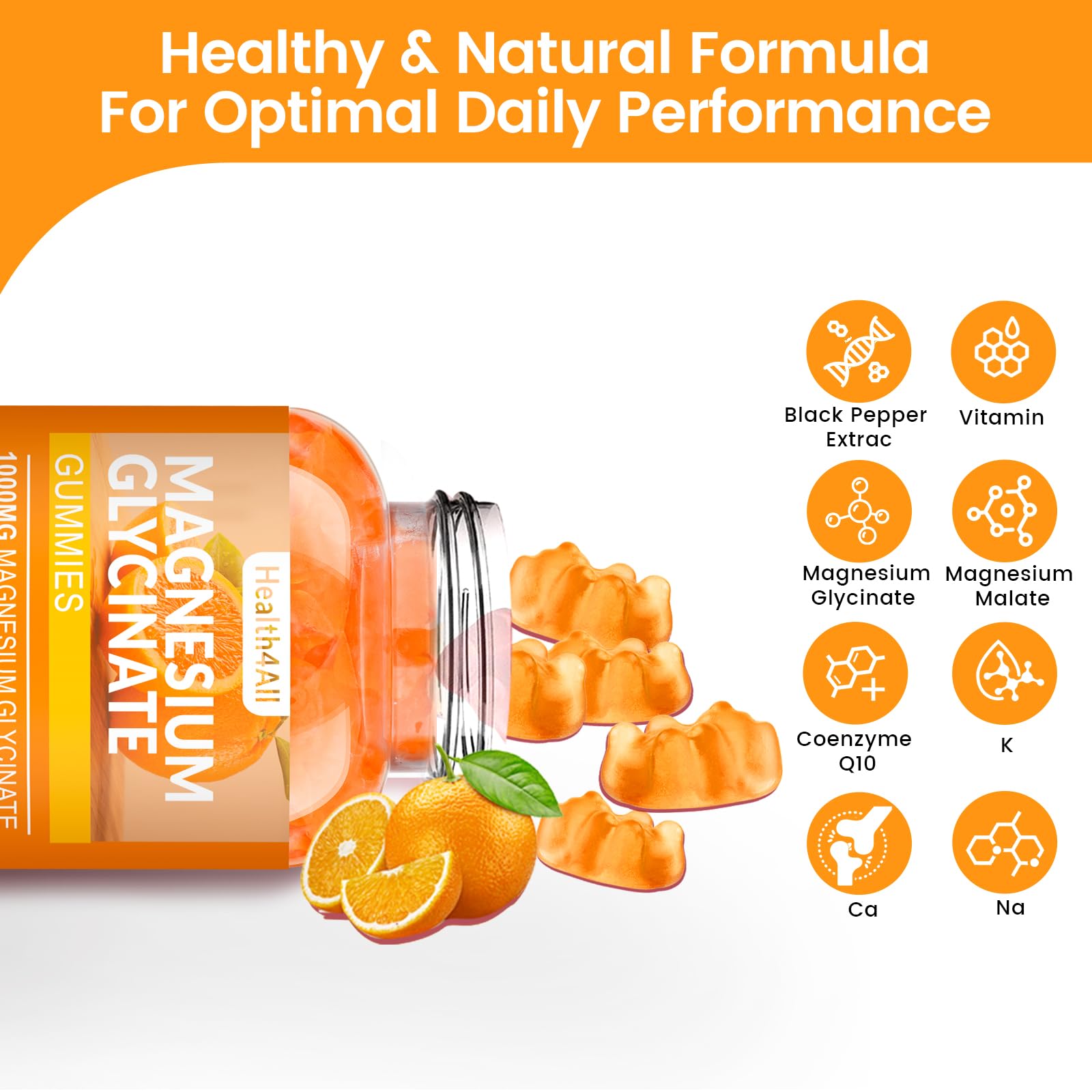 Health4All magnesium glycinate gummies closeup orange gummies, simple chew.