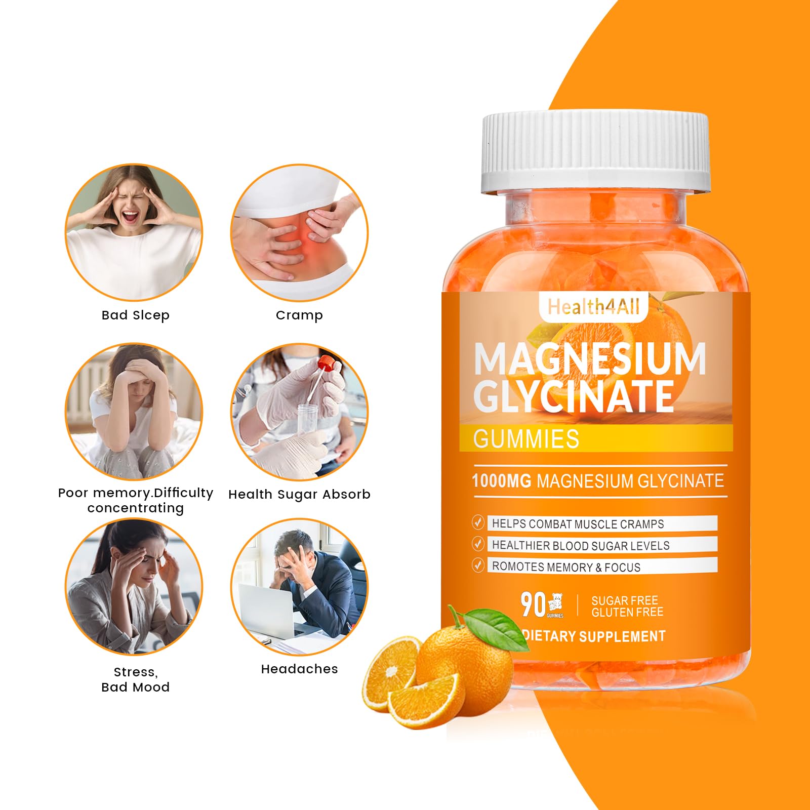Health4All magnesium glycinate gummies with textured label, clear nutrition details.