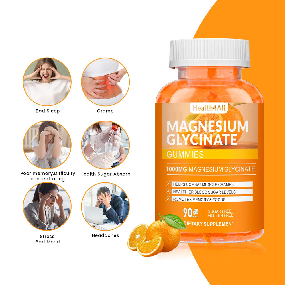 Health4All magnesium glycinate gummies with textured label, clear nutrition details.