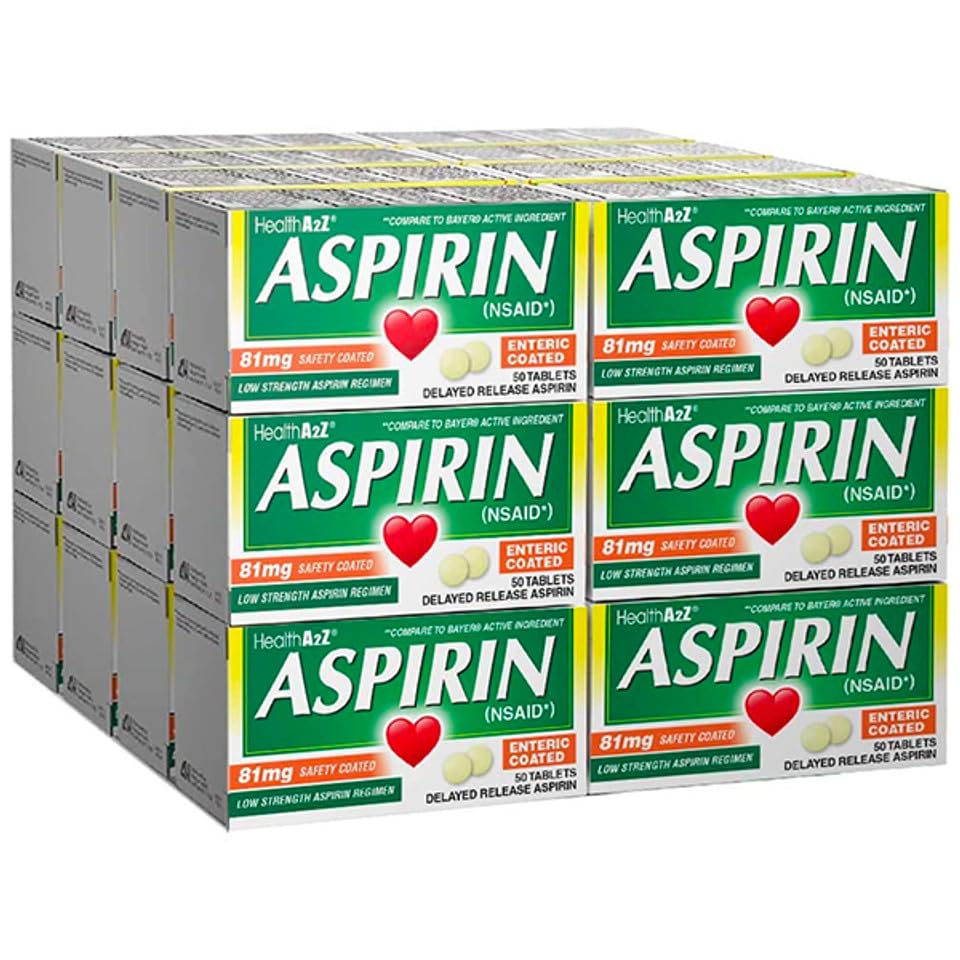 HealthA2Z Aspirin 81mg enteric-coated bottle shows easy-to-swallow tablets and gradual release benefits.