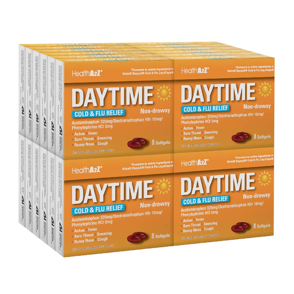HealthA2Z Daytime softgels bottle showing multi-symptom daytime relief benefits