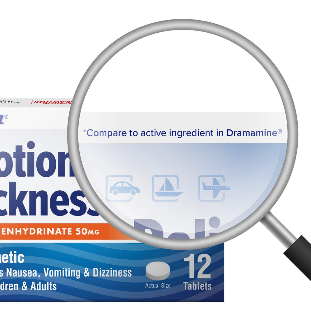 HealthA2Z dimenhydrinate 50mg tablets close-up highlighting dosage and quality