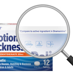 HealthA2Z dimenhydrinate 50mg tablets close-up highlighting dosage and quality