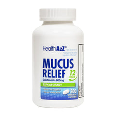 HealthA2Z Mucus Relief bottle demonstrates 12-hour extended release for easier breathing.