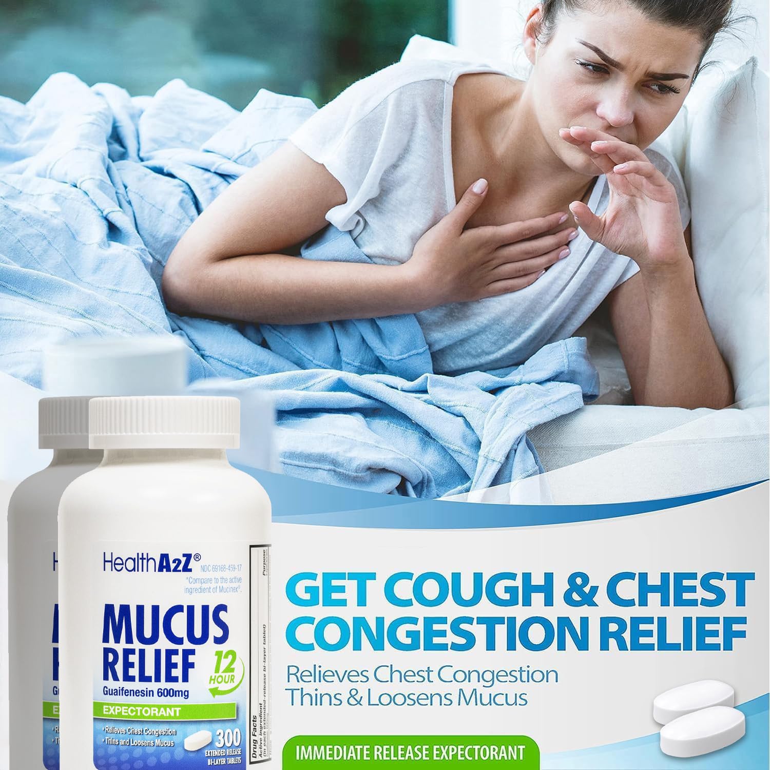 HealthA2Z Mucus Relief day-use scene highlights daytime breathing ease.