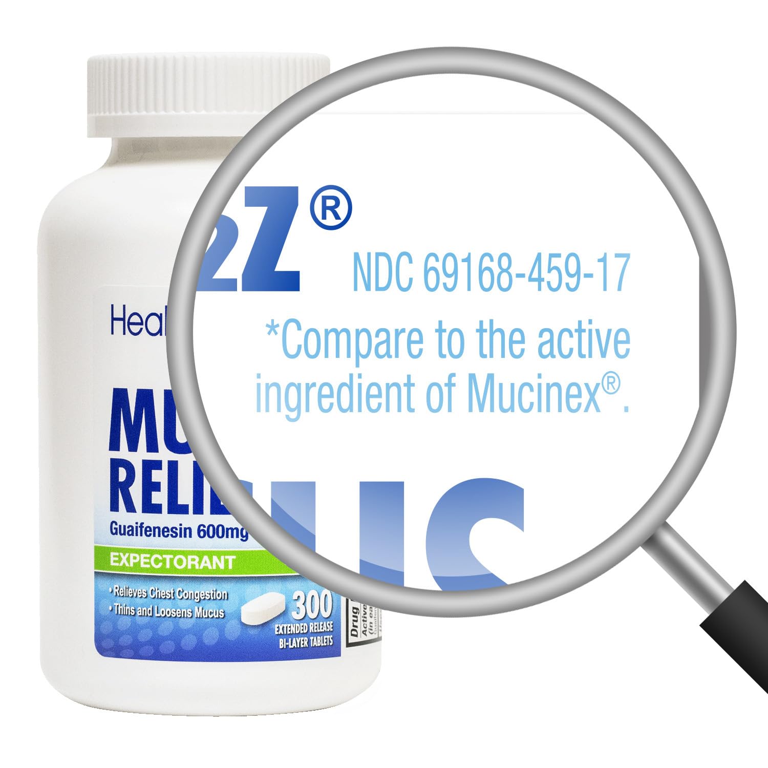 HealthA2Z Mucus Relief tablets shown for simple, extended mucus thinning.