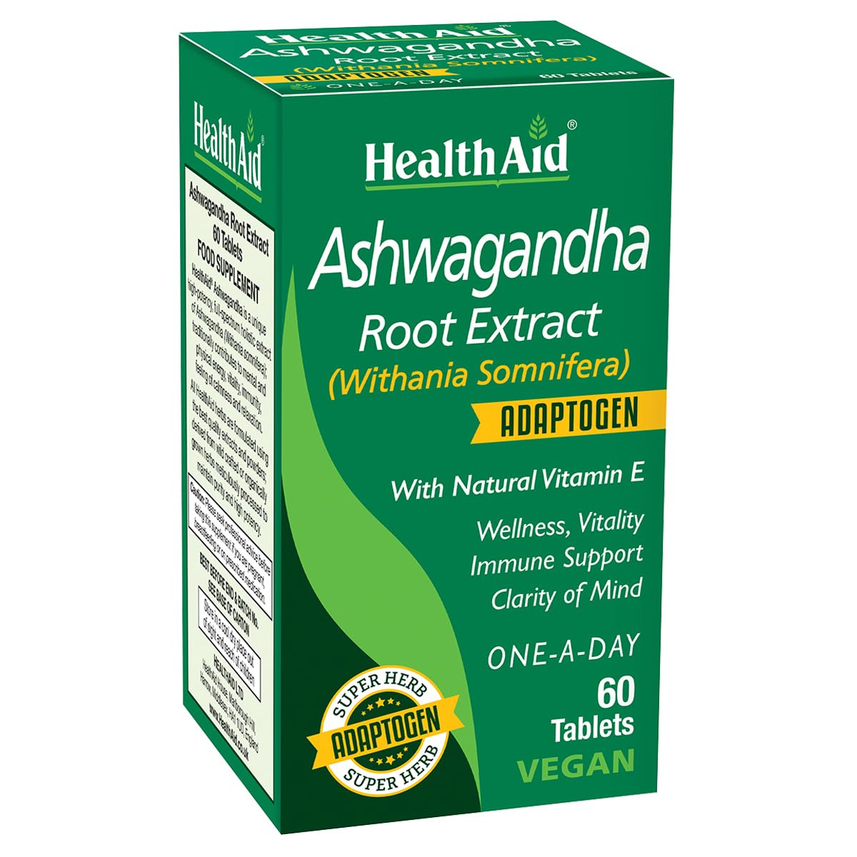 HealthAid Ashwagandha 350 mg bottle shows high-strength extract for daily calm.