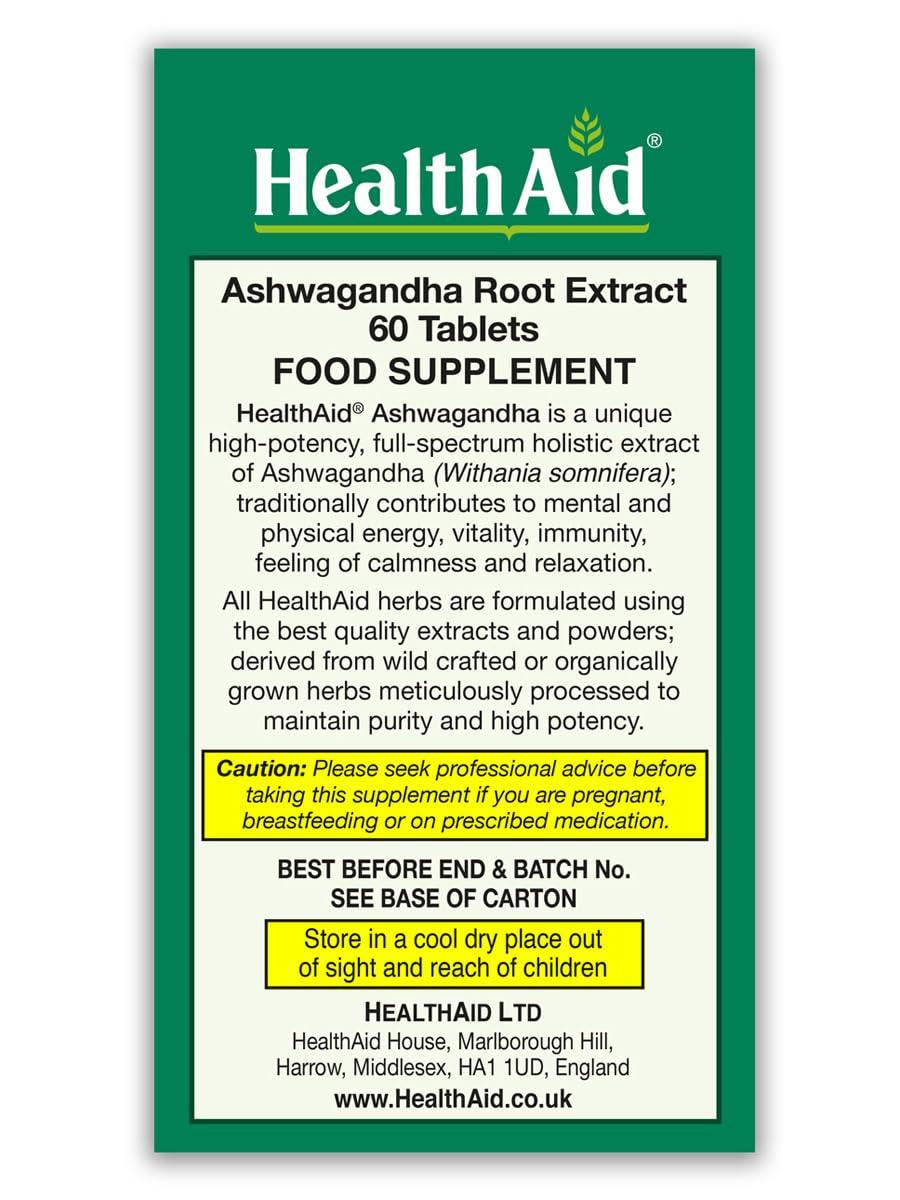 HealthAid Ashwagandha 350 mg packaging box emphasizing standardized withanolide extract.