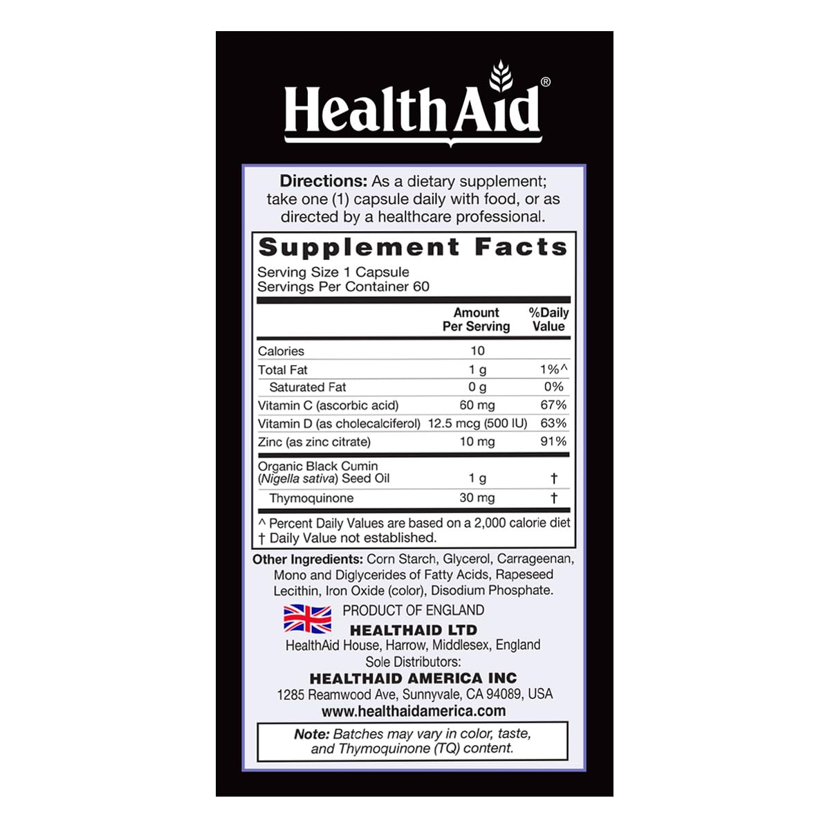 HealthAid Black Seed Oil 60-count capsules highlights convenient vegan capsules for balanced daily support