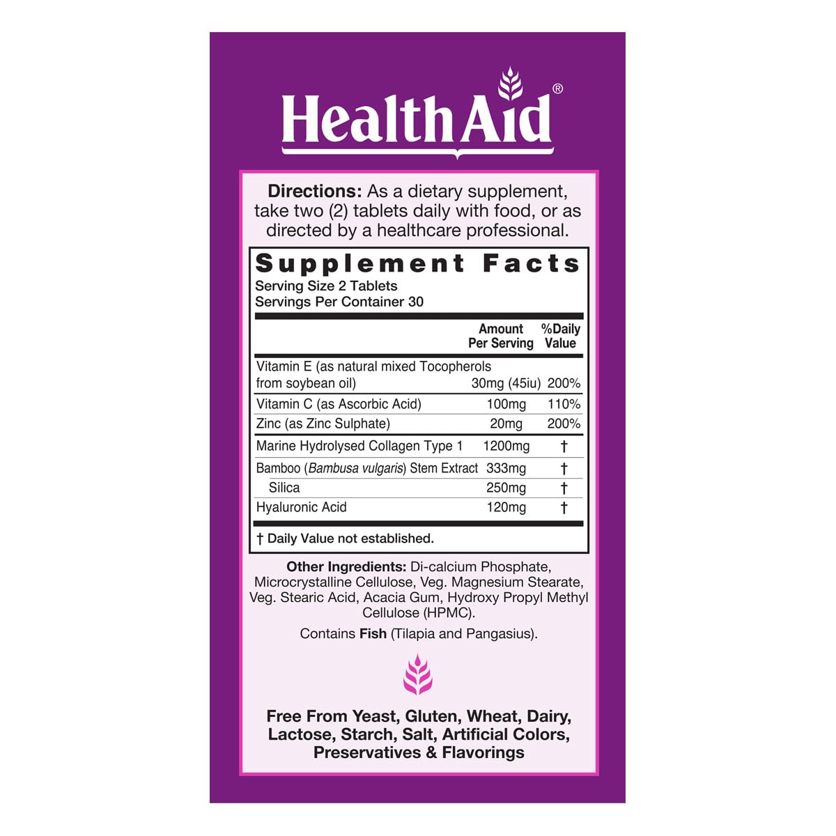 HealthAid Collagen Complex ingredients highlight hyaluronic acid for skin elasticity