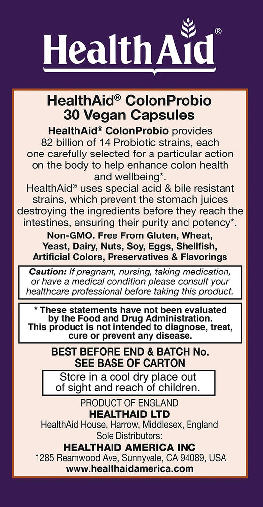 HealthAid ColonProbio capsules close-up, showcasing high-potency probiotic for daily balance.
