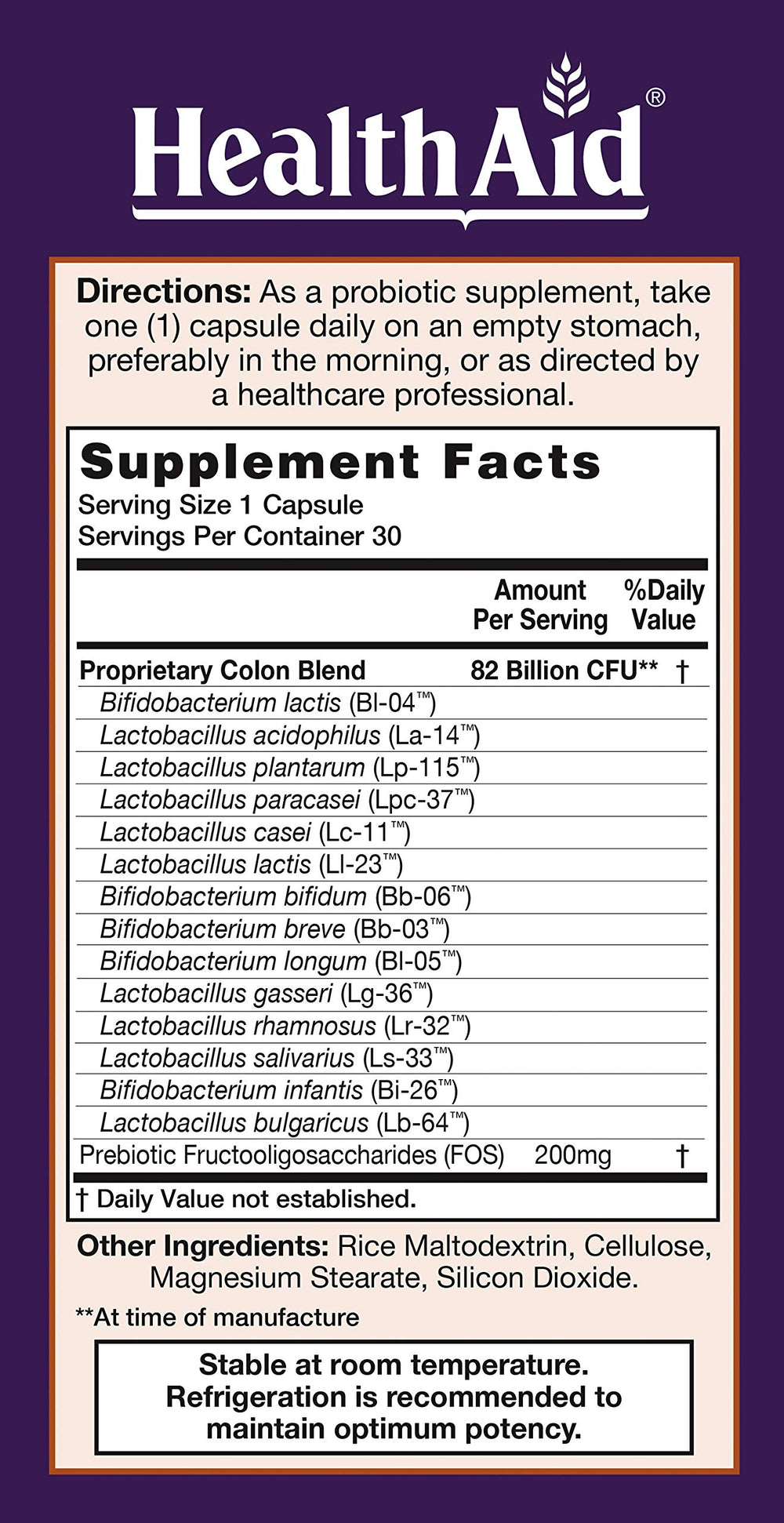 HealthAid ColonProbio label shot emphasizing prebiotic blend and 14 strains.