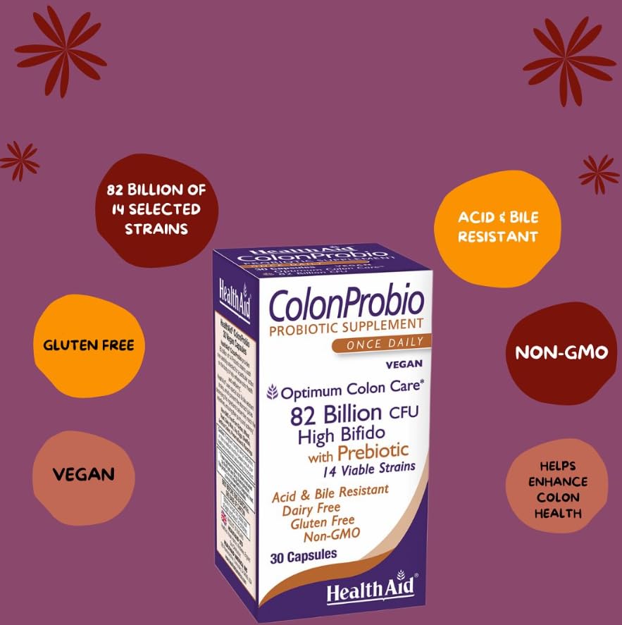 HealthAid ColonProbio packaging image highlighting dairy-free, gluten-free formula.